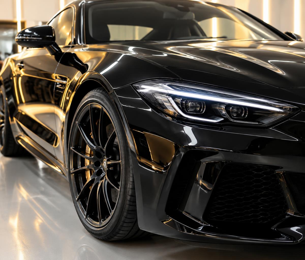 Gloss black automotive finish and headlight detail