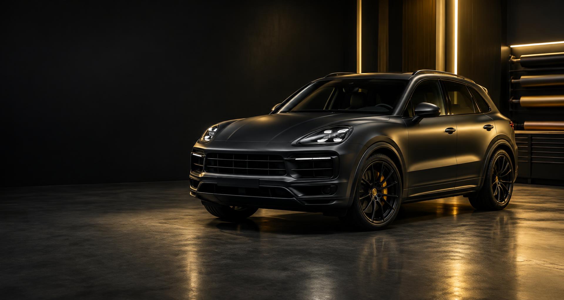 Satin graphite SUV with a styled finish in an automotive studio